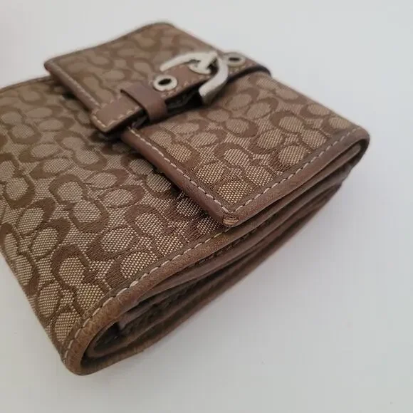 Coach Wallet Canvas Leather Signature Bifold 4x4 Small Brown Compact Logo Buckle - Picture 10 of 10